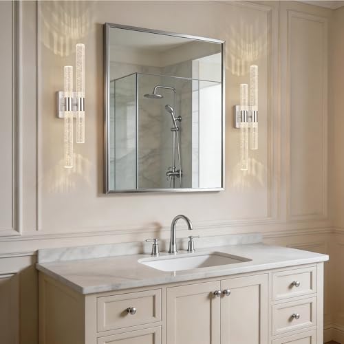 Image of Crystal Wall Sconces Set of Two LED Wall Sconce Hardwired Brushed Nickel Bathroom Vanity Light Fixtures 21.25in 4000K Vertical and Horizontal Wall Mounted Sconces for Bedroom Living Room