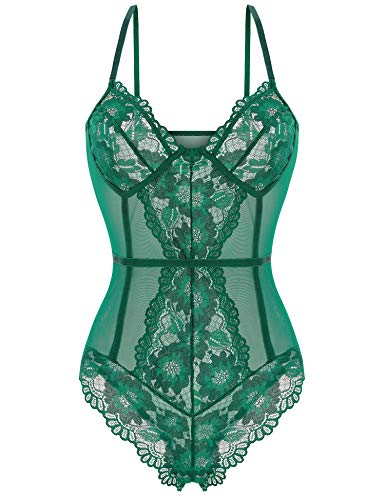 Women Lingerie Snap Crotch One Piece Lace Teddy Bodysuit Babydoll Chemise Sleepwear Green M Women Lingerie Snap Crotch One Piece Lace Teddy Bodysuit Babydoll Chemise Sleepwear Green M