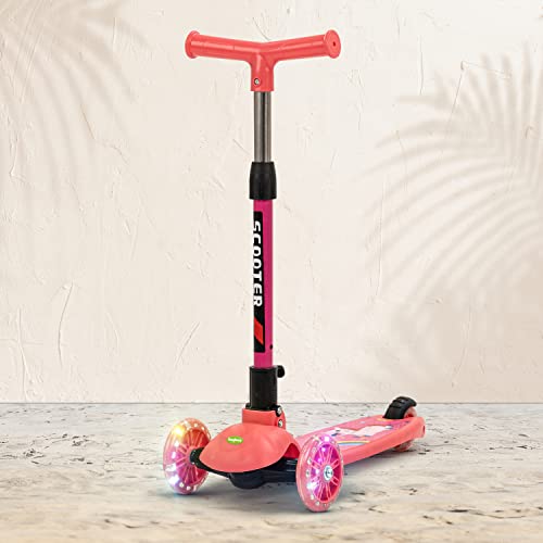 Image of Baybee Phoenix Skate Scooter for Kids, Smart 3 Wheel Kids Scooter with 3 Height Adjustable Handle, Kick Scooter with Led PU Wheels & Rear Brake, Runner Scooter for Kids 3 to 6 Years Boy Girl (Pink)