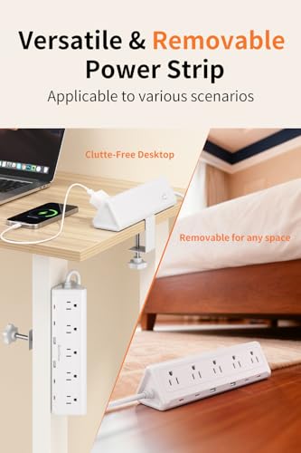 Image of 6.5 FT Desk Clamp Power Strip with 5 AC Outlets & 6 USB Ports PD 40W USB-C Fast Charging, Extension Cord with Multiple Outlets, Fits 2.1 in top Edge White