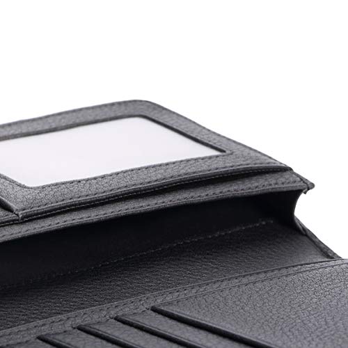 Image of HISCOW Full Grain Leather Men's Long Wallet, 15 Card Slots, Pebbled Black, One Size, Classic | Gusseted bill compartment, tall bifold design, clear ID window, ideal for coat pockets or briefcases, turned-edge, gift box