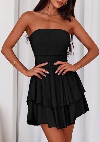 Image of PRETTYGARDEN Women's 2026 Summer Strapless Tube Mini Dress Off Shoulder Smocked Ruffle A Line Flowy Short Party Club Dresses