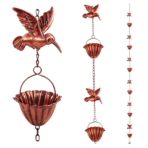 Jibrelxion 8.8FT Rain Chains for Gutters Outside, Adjustable Hanging Metal Rain Catcher Chain with Vintage Flower Cups and Hummingbird Decor, Downspout Substitute for Garden Villa and Courtyard