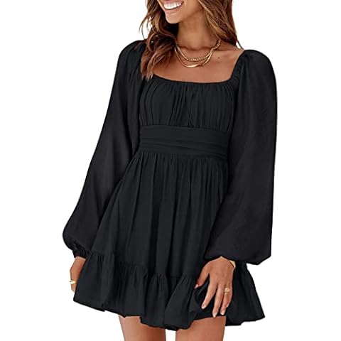 Womens Casual Midi Dress Off Shoulder Long Puff Sleeve Ocktail Party Wedding Dress Solid Ruffle Backless Tunic Chiffon Dress (Medium, Black) Cover