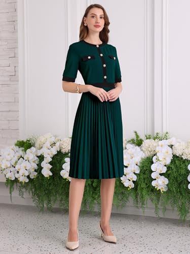 Image of Hobemty Women's Short Sleeve Pleated Dress 2025 Trendy Contrast Color Casual Work A-Line Midi Dresses