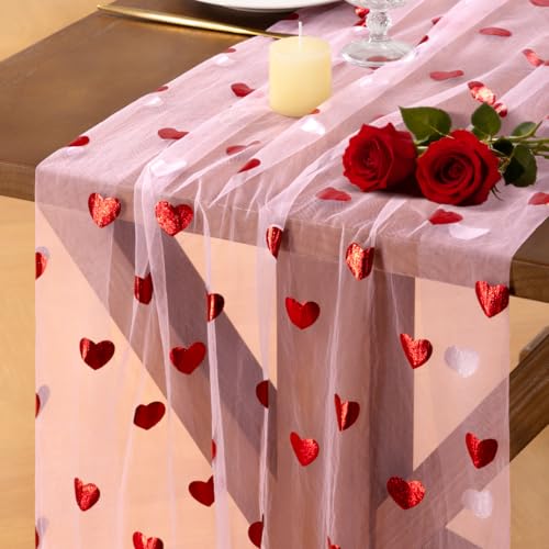 Socomi Valentine's Day Red Heart Table Runner Gauze Sheer Romantic Sequin 10FT Glitter Metallic Foil Dining Wedding Birthday Party Baby Shower Holiday Centerpiece Table Decor 3pcs Pink