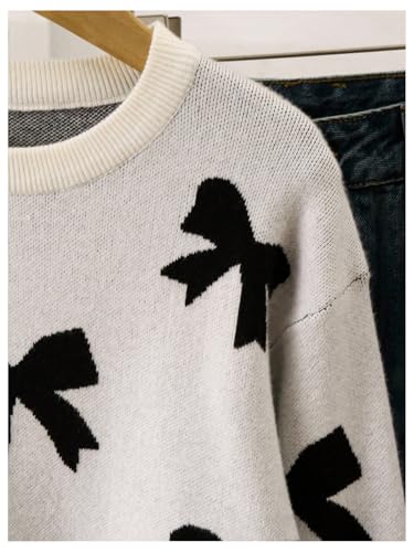 Image of BEAUDRM Girl's Cute Bow Sweater Crew Neck Long Sleeve Drop Shoulder Loose Pullover Tops
