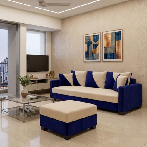 Image of Zavian 4 Seater L Shape Sofa Set with Movable Ottomans | Flexible Layout | Rich Velvet Suede Fabric | Silver Legs | Spacious Seating | Modern Sofa for Living Room (Dark Blue-Cream)