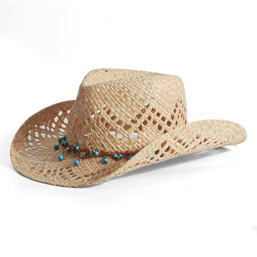 Image of Men's Cowboy Hats Summer Women Beach Cowgirl Hat Raffia Unisex Western Sun Hat