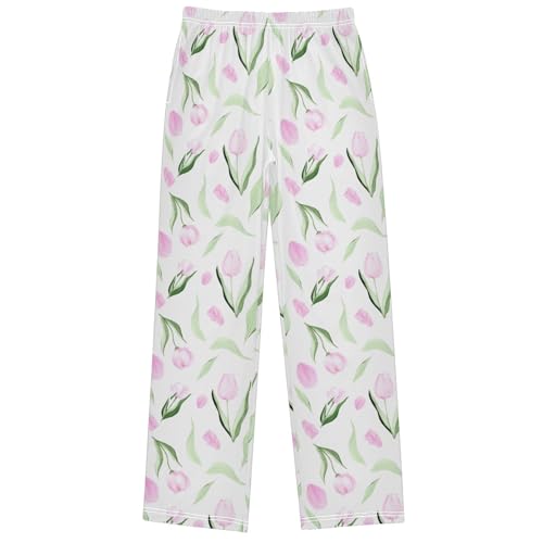 Boy's Pj Pants Watercolor Pink Tulip Lounge Bottoms Elastic Waist Kids Joggers with Pockets Size 6-14