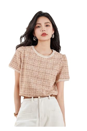 Women Tweed Plaid Round Neck Short Sleeve T Shirt Elegant Slim Fit Sexy Sweater