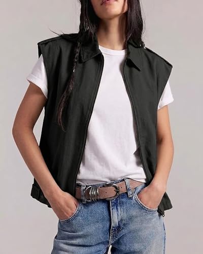 Women's Oversized Cargo Vest Sleeveless Zip Up Utility Jacket with Pockets Retro Ruched Hem Casual Layered Outerwear — 사진 4