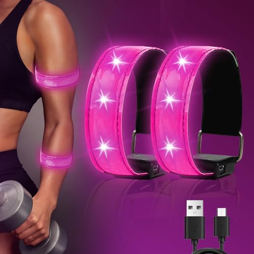 TaimeiMao 2pcs Brassards Lumineux à LED Rechargeable USB, Brassard de Course Réfléchissant LED Running, Bandes Lumineuses à Haute Visibilité pour Jogging,...
