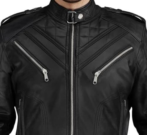 Black Real Lambskin Genuine Leather Jackets For Men - Motorcycle Diamond Quilted Leather Jacket Men Vintage Moto3