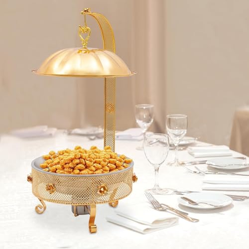 4 Pack Stainless Steel Hanging Lid Stove, 8 QT Round Chafing Dish Buffet Set with Fuel Shelf, Food Pan & Water Pan, Chafers Buffet Warmers Sets for Parties, Events, Wedding, Camping, Luxury Gold