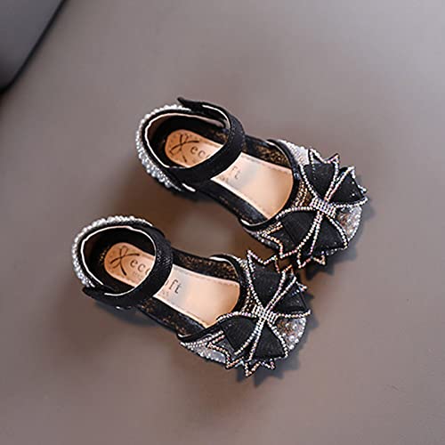 Baby Girl Kid Sandals Summer Shoes Bowknot Pearl Rhinestones Shoes Princess Dance Performance Shoes (Black, 36 Big Kids)4