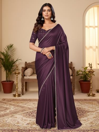 Image of FABIAN FASHION Women's Plain Japan Satin Silk Saree with Pearl Lace Border, Includes Unstitched Matching Blouse Piece - Elegant Saree(AVN 1694)