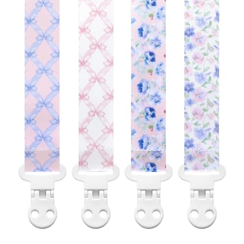 Image of Stadela Baby Pacifier Clip Holder - Girl 4 Pack Gift Set - Vintage Floral French Granmillenial Ribbons Bows and Flowers in Pink and Blue