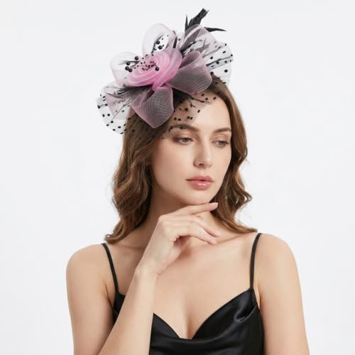 Image of DRESHOW Fascinators Hat Flower Mesh Ribbons Feathers on a Headband and a Clip Tea Party Headwear for Girls and Women