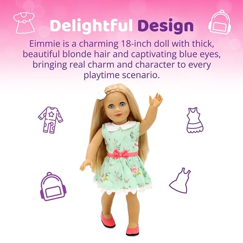Playtime by Eimmie 18 Inch Doll - Girl Dolls with Blonde Hair, Blue Eyes, Outfit, Shoes, Pajamas, 18” Clothes Accessories & Travel Suitcase - Girls, Toddler & Childs Play Dollie - Eimmie