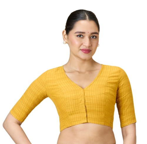 Image of Studio Shringaar Women Cotton Half Sleeve Madras Checks Saree Blouse with Stretchable Sides