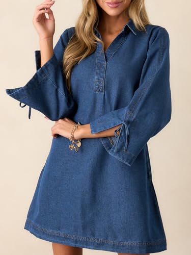 Image of Womens Denim Shirt Dress Collared V Neck Bell Long Sleeve Mini Casual A-line Jean Dresses with Bow