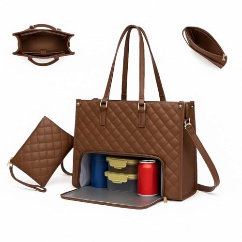 Utilify Woman | Bolsa térmica mujer 2 en 1 con neceser | Bolso elegante con compartimento para portátil 15,6” y comida | Nevera portátil impermeable para oficina, trabajo, universidad o picnic Marrón