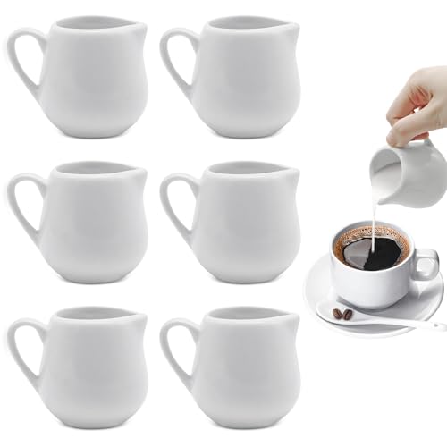 ICEBLUEOR Set di 6 piccole brocche per il latte, 100 ml, in ceramica bianca, con manico, caraffa per sugo, lattiera, mini brocca per latte e caffè, adatta per cucina, ufficio, bar