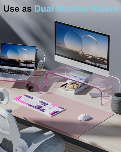 Image of Acrylic Dual Monitor Stand Riser 2 Tier, Modular Laptop Stand for Desk, Multifunctional Desktop Organizer Shelf for PC, iMac, Printer, Detachable Monitor Stand for Office or Home, Pink