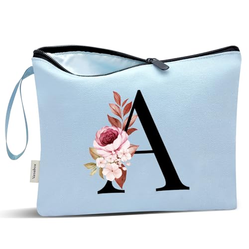 Image of Vavabox A-Z Personalized Makeup Bag, Birthday Gifts for Women Mom, Gifts for Best Friend, Bride Bridesmaid Cosmetic bag (A, Blue)