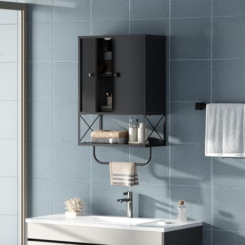 MAHANCRIS Bathroom Wall Cabinet with 2 Door and Adjustable Shelf, Farmhouse Medicine Cabinet with Towel Rack, 3-Tier Wall Mounted Storage Cabinet Over The Toilet for Bathroom Laundry Room, Black by MAHANCRIS - Used condition - Image 6