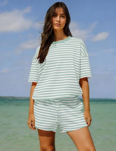 Image of Ythomm Striped Pajamas Shorts Sets Women 2 Piece Lounge Outfits Short Sleeve Tees Drawstring Shorts Summer Matching Pj Sets