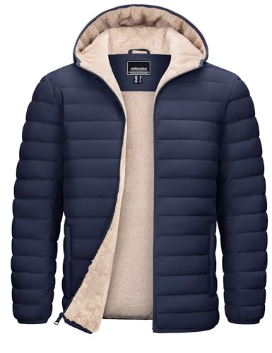 TACVASEN Men's Puffer Coat Hooded Sherpa Lined Winter Warm Down Jacket Lightweight Water-Resistant Windbreaker Outerwear with Hood Navy Blue M