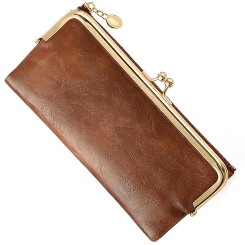 Vintage Wallets for Women Large Bifold Kiss Lock Wallet for Women Leather Zip Clutch Coin Purse