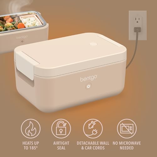 Bentgo Heat - Electric Lunch Box - Portable Food Warmer for Adults, Heated Lunch Box for Work, Travel, School & On the Go, Plug Into Wall or Car, Ideal for Ages 14+, 12V/24V & 120V Cords (Latte)