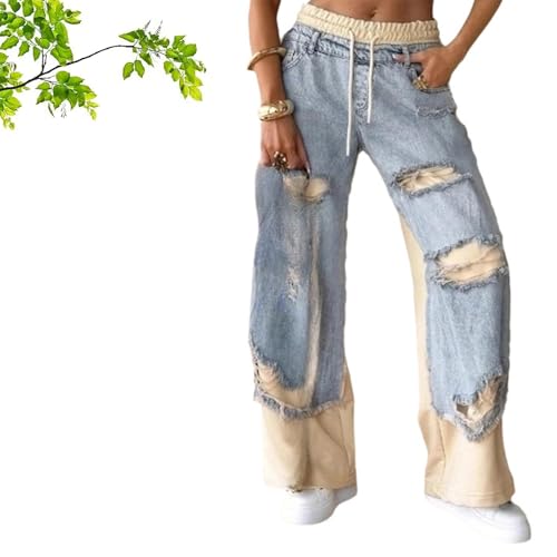 Women's Denim Trousers with Stitching and Ripped Design, Casual Retro Loose Drawstring Ripped Jeans