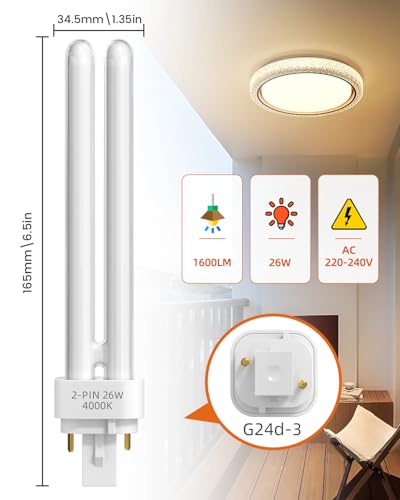 TobeBright 26W G24d-3 2 Pin Compact Fluorescent Lamp, 2U Double Turn Tube Energy Saving Bulb Natural White 4000K PLC 840 CFL Lamp Non-Dimmable for Office, Kitchen, Bedroom, Corridor (1-Pack) - Image 4