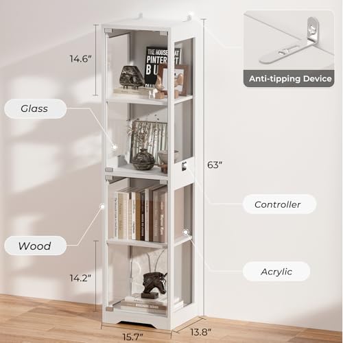 Image of BROTTAR Glass Display Cabinet, 4-Tier Curio Cabinets with 3 Color Lights for Collectibles, Storage Cabinet with Door, Glass Display Case & Bookcase with Human Body Sensor, White