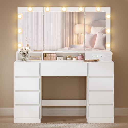 Image of VASAGLE Kailyn Collection - Vanity Desk with Tri-Fold Mirror, Makeup Table with 11 Bulbs, Power Outlets, 9 Drawers, 3 Colors, Tool-Free Drawer Slides Assembly, Cloud White URDT146WB03S