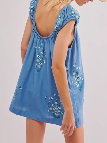 Linen Mini Cute Dress Women Floral Embroidered Dress with Crew Neck and Sleeveless Casual Guest Vintage Dresses4