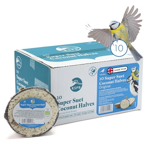 RSPB - Coconut Halves, Bird Food for Outside Birds, Wild Food with Suet, Dried Mealworms, Seeds, and Cereals, High Energy, Filled in the UK, Suitable for Year-Round Feeding (10 x 320g)