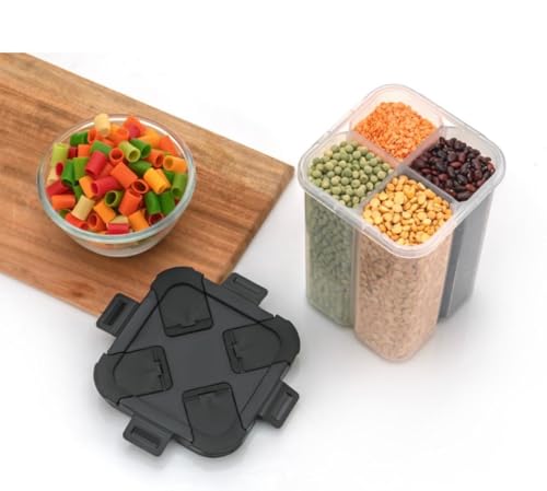 Image of 4 Section Kitchen Storage Container Box | Fridge Storage Containers | Airtight, Durable, BPA-FRee Plastic Container | Organize Graines, Pulses, Snacks & Food in One Jar | 2500ml, Black