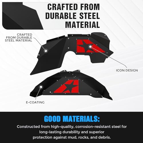 Image of SUORTO Slanted Red Star Front & Rear Inner Fender Liners Compatible with 2007-2018 Jeep Wrangler JK & JKU Unlimited Sport Sahara Rubicon, Steel Mud Guards Wheel Well Cover Fenders Flares