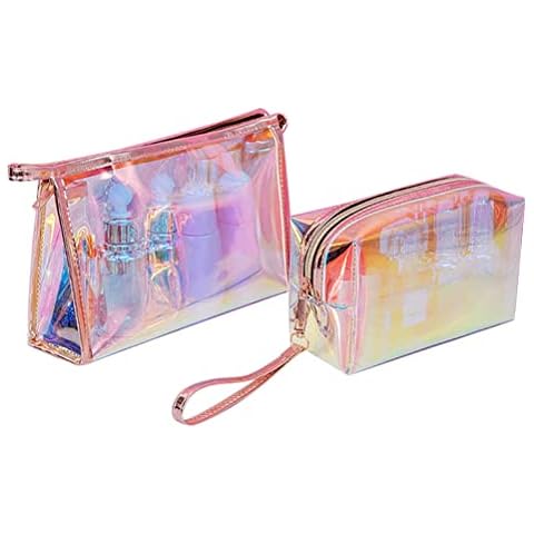 2 Stück Kulturbeutel Holographisch Make Up Tasche Mädchen, Transparent Kosmetiktasche Mäppchen Schminktasche Wasserdicht Reißverschluss Storage Bag Frauen Cover