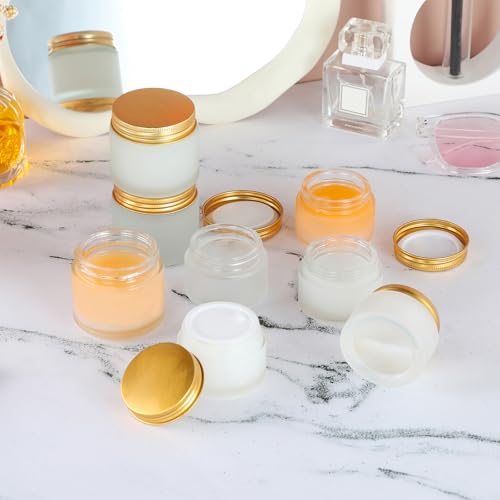 24 pack Small Clear Frosted Glass Cosmetic jars with Golden Metal Lids 2oz Bulk for Sample Lotion Cream Travel Jar Cosmetic Container4