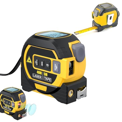 Tape Measure 3-in-1 Laser Digital Measuring Tape Ruler-LCD Backlight 5M/16Ft Tape & Laser 40m/131Ft Rangefinder Crosshairs Markings Data Storage Durable ABS Case/Yellow 1Pack