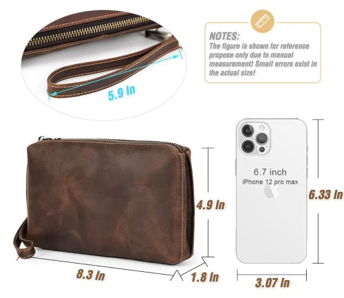 Image of Top Grain Genuine Leather Clutch Wallet with Wristlet for Man & Woman, Handmade Simple Retro Vintage Design, Multi Pockets & Card Slots, RFID Large Capacity for Cards /ID /Checks /Banknote /Phone, Coffee