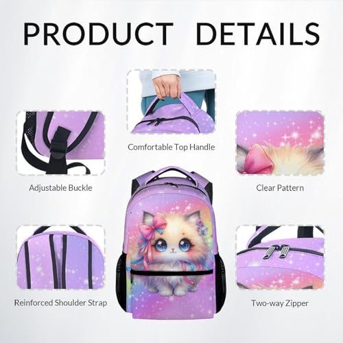 School Backpack for Girls, 3Pcs Cat Backpack Set, Kids Bookbag for Kindergarten/Elementary/Preschool, 17" School Bag with Lunch Box Pencil Case4