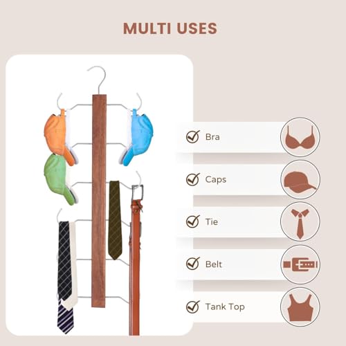 Image of BLOOMAX 3 Pcs Wooden Accessories & Bra Hangers - 24-Inch Walnut Polished, 12 Storage Hooks, 360 Rotating Chrome Hook (Space Saving for Bra, Scarf, Tie, Belt)