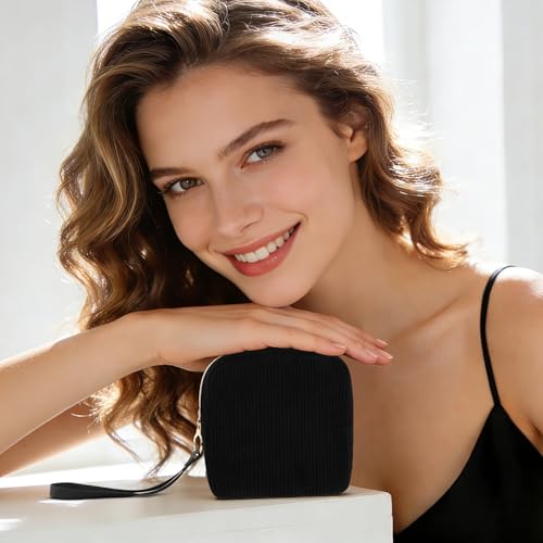 Image of Corduroy Period Pouch with Strawberry Charm Discreet Sanitary Napkin Storage Bag Cute Menstrual Pad Pouch Tampon Bag for Purse Wristlet Makeup Bags Black